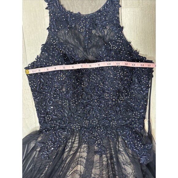 Xscape Navy Blue Lace Beaded tulle overlay Evening Gown Size 8 Formal Prom - Picture 11 of 17